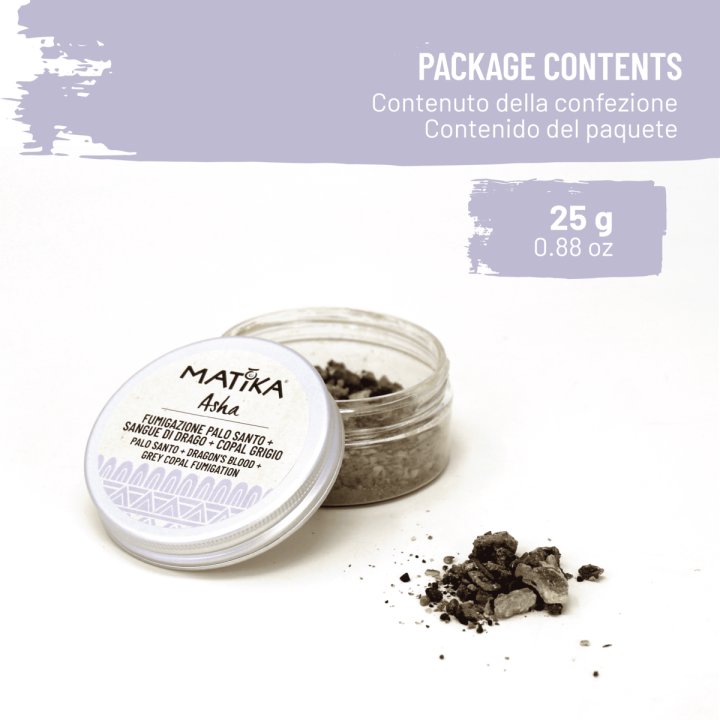 Miscela di Incensi 'Asha' con Palo Santo, Sangue di Drago e Copal Grigio per Fumigazione
