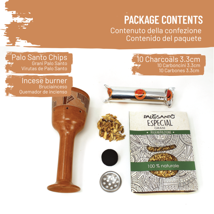 Kit Sahumador: Copalera, Grani Especial, Carboncini 33mm, Supporto in acciaio per carboncini