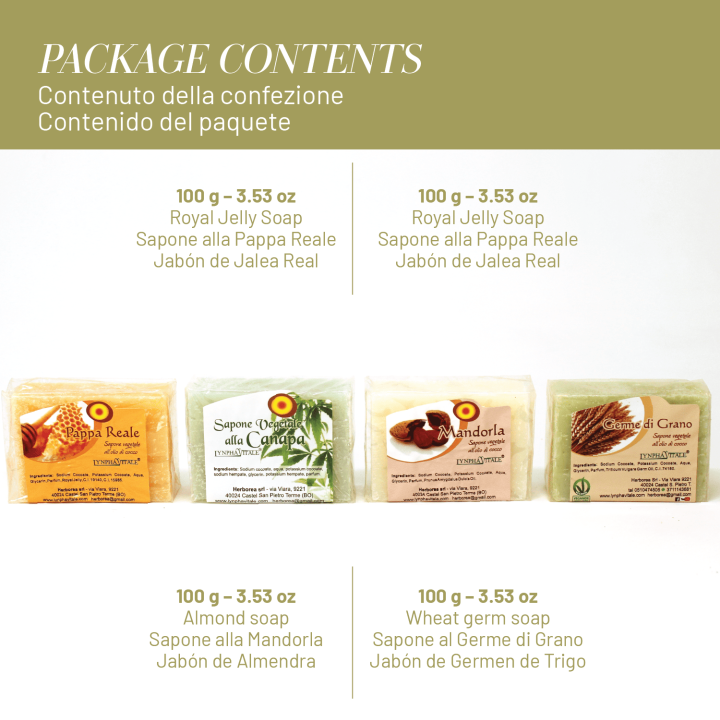 Kit 4 Saponette Artigianali – Mandorla, Germe di Grano, Pappa Reale, Canapa