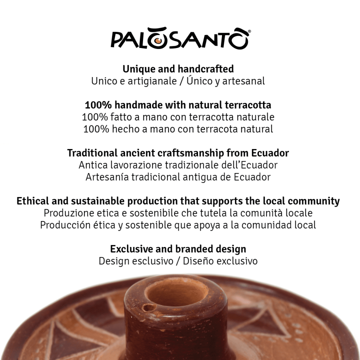 Piatto Porta Incenso 'Mochica' In Terracotta Artigianale Con Paletto Palo Santo Incluso